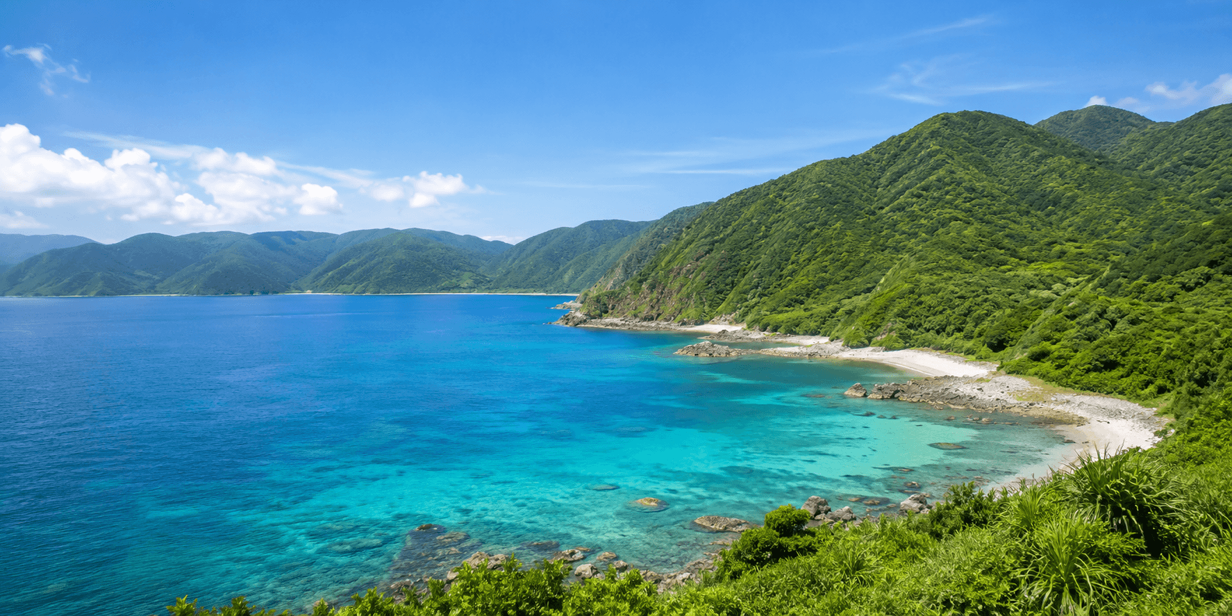 奄美大島・大和村の海岸と緑の山々